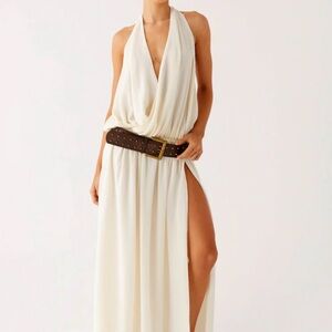 Peppermayo Draped Halter Ivory Maxi Dress with High Slit